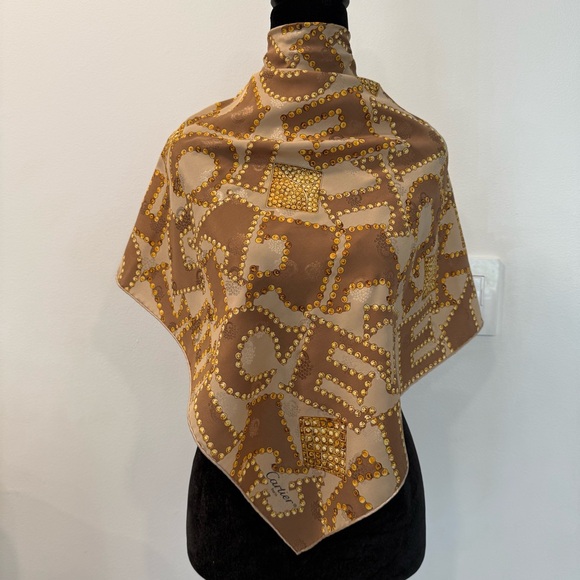Authentic Cartier Brown and Gold Lettered Silk Scarf 26”